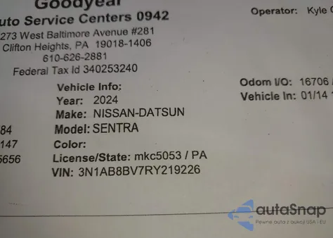 2024 Nissan Sentra S Xtronic Cvt из США, поврежденный, VIN 3N1AB8BV7RY219226